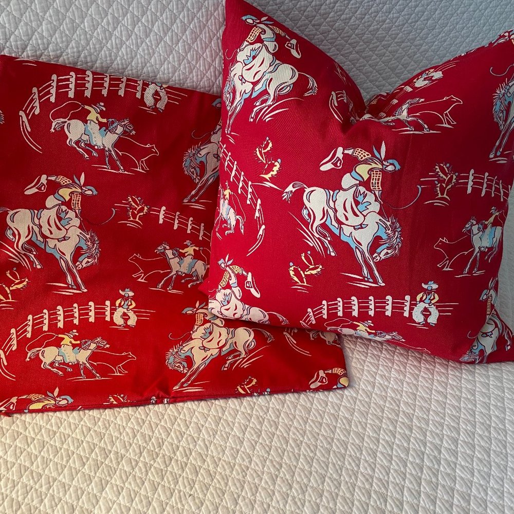 2 vintage cotton print "cowboy" fabric pillow covers